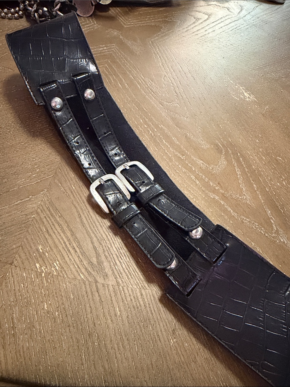 Women Wide Black Croc-Embossed Belt with Double Buckles